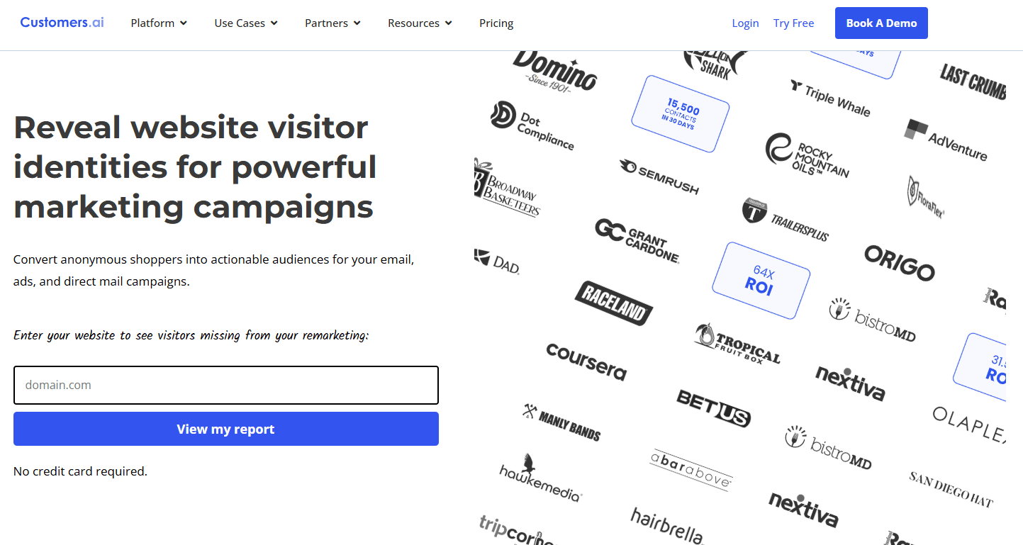 Customers.ai homepage, an AI lead generation platform