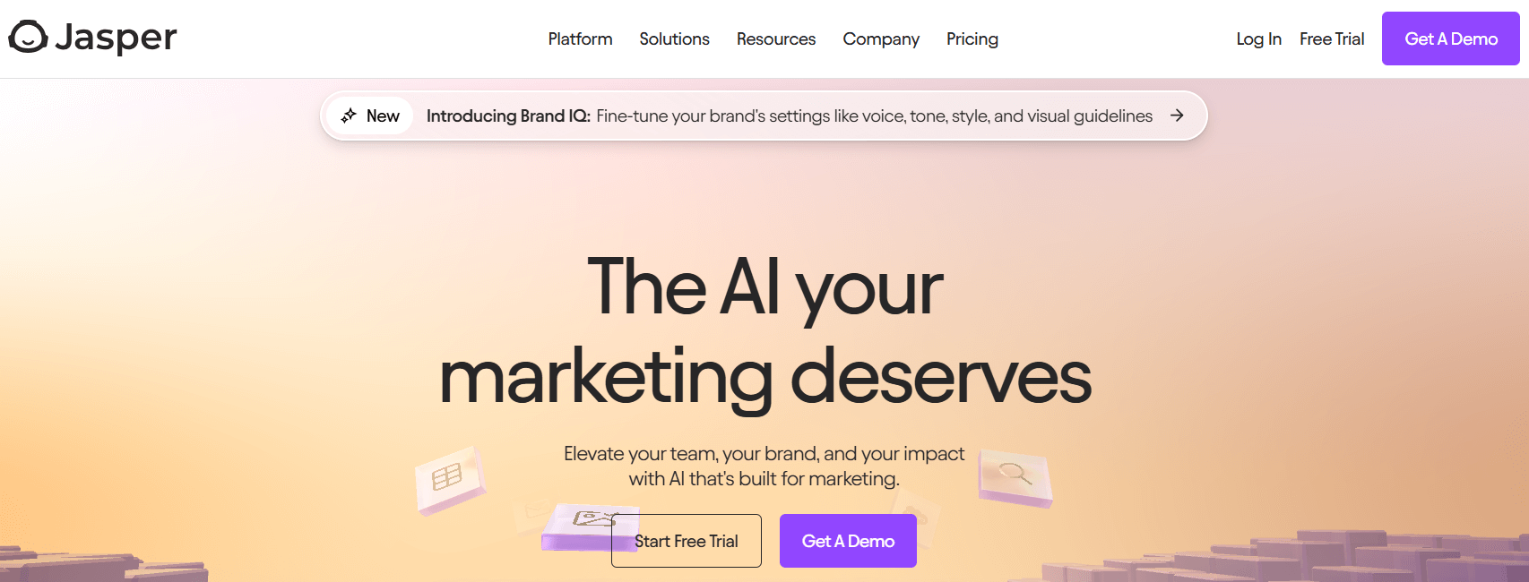 Jasper homepage, a generative AI software suite