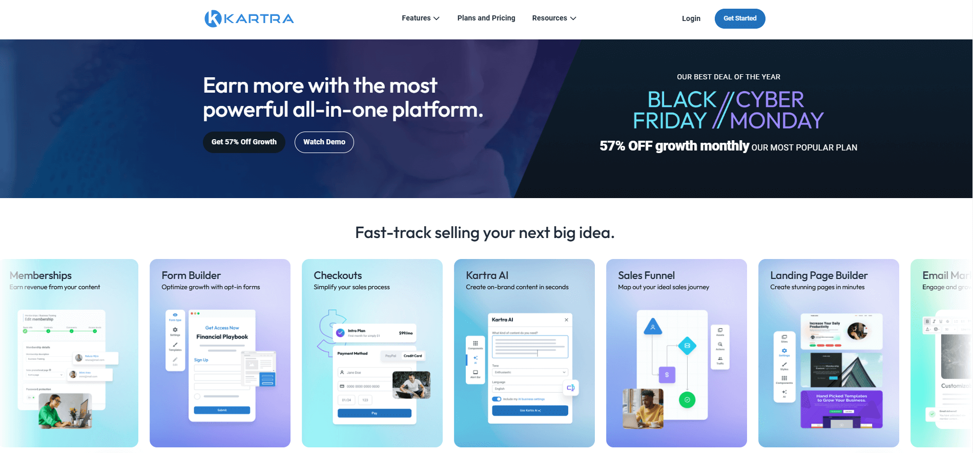 Kartra homepage, a lead management platform