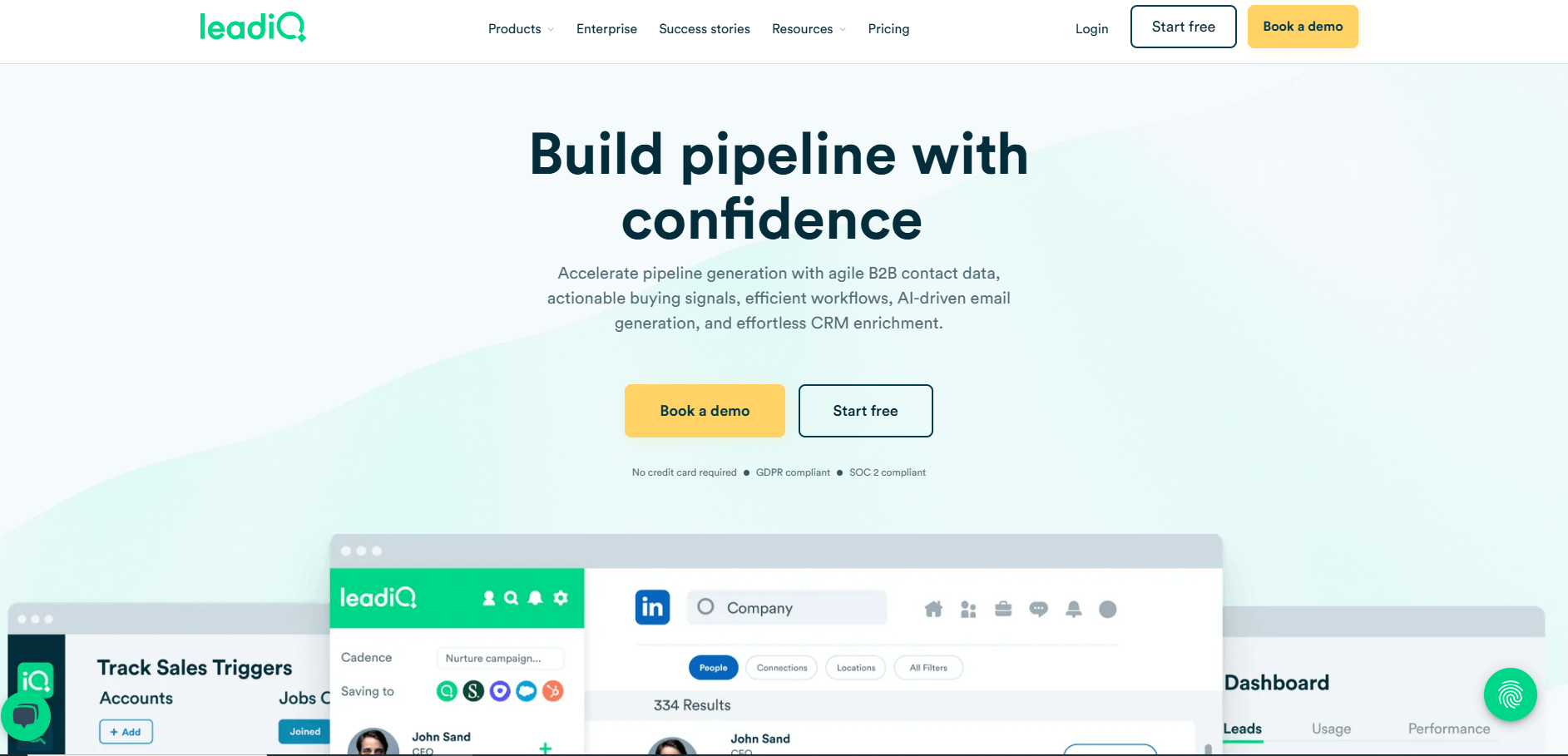 LeadIQ homepage, a B2B sales prospecting ecosystem