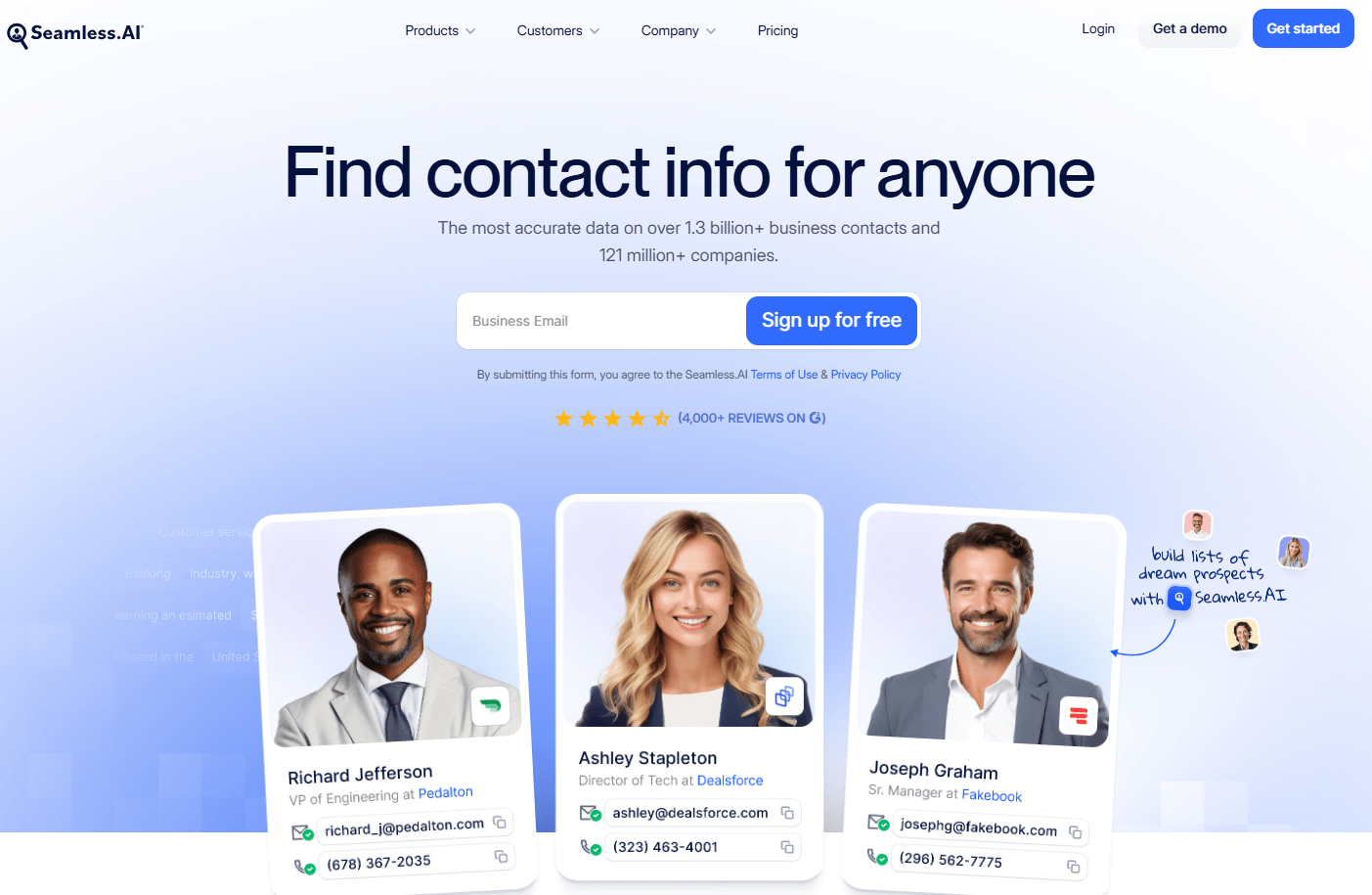 Seamless.AI homepage, an AI lead generation and sales intelligence platform