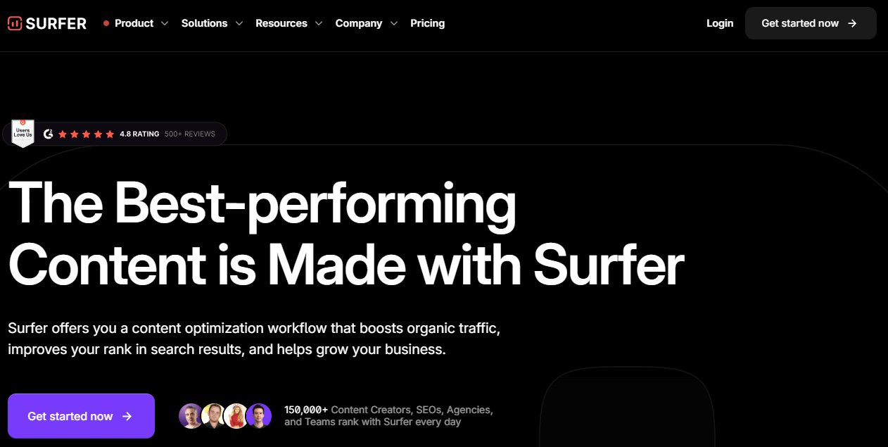 Surfer homepage, an AI platform for creating SEO-optimized content