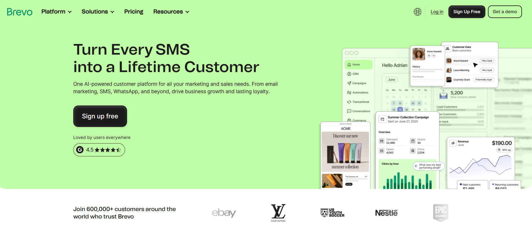 Brevo homepage, where users can explore what services the platform provides and sign up for free.
