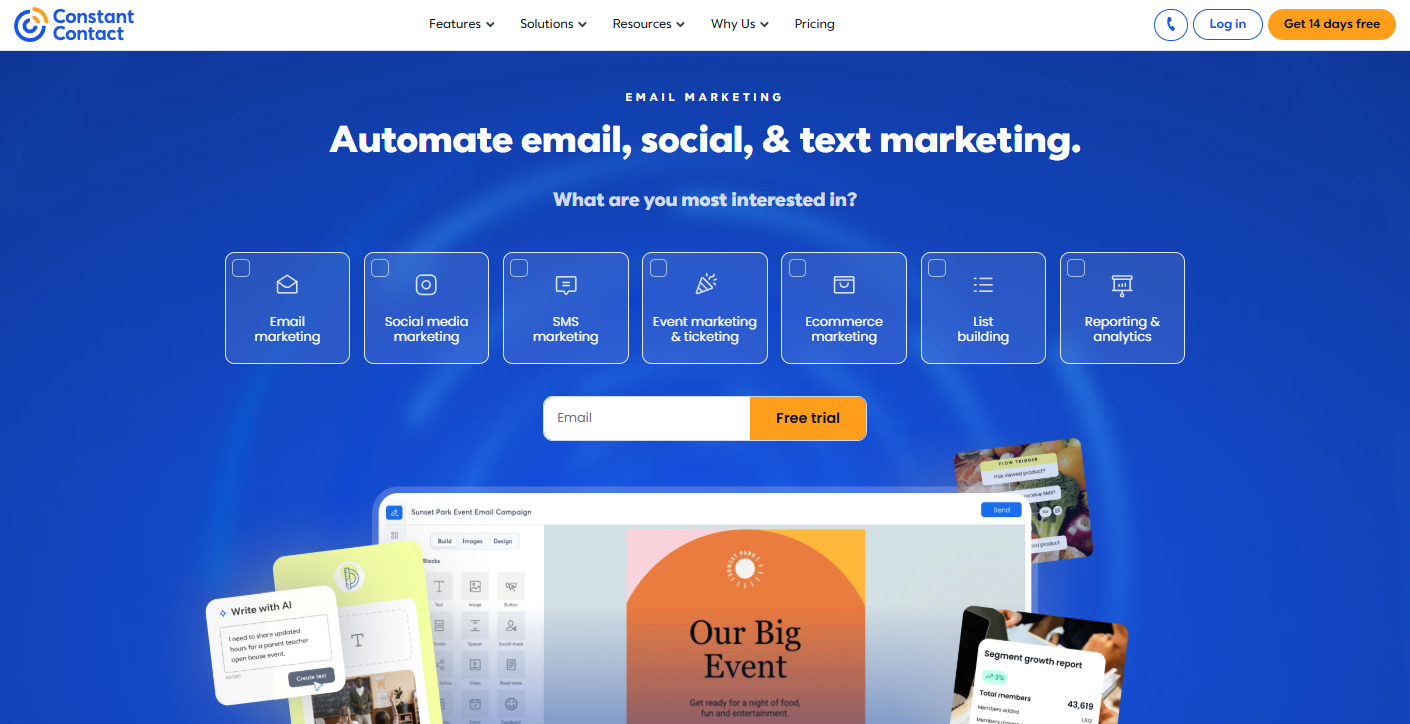 Constant Contact homepage, where you can explore the solution's applications and begin your free trial.
