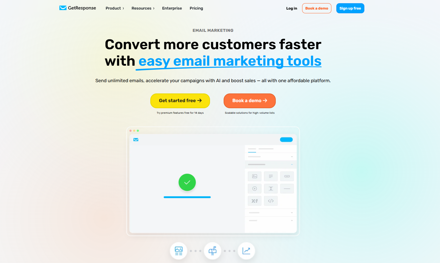 GetResponse homepage, where users can explore how the solution works in brief, get started for free, or book a demo.