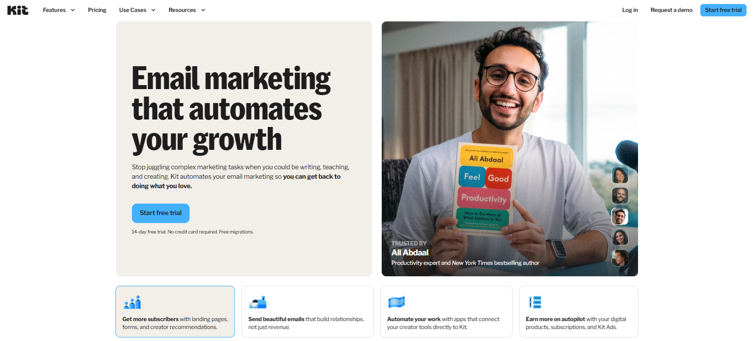 Kit homepage, where you can explore the solution's advantages and start your free trial.
