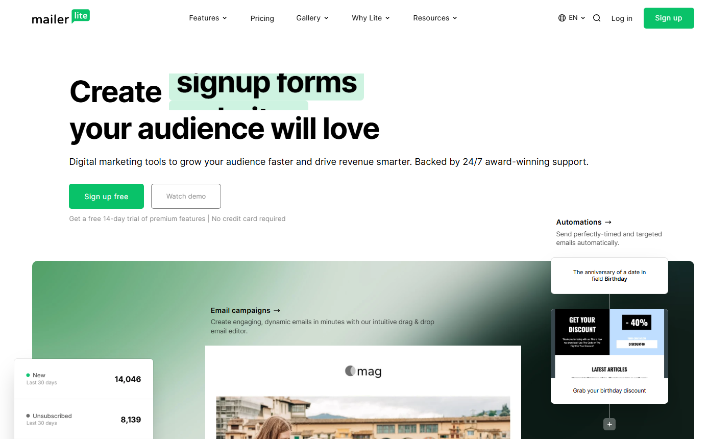 MailerLite homepage, where users can explore the solution, watch its demo, or sign up for free.