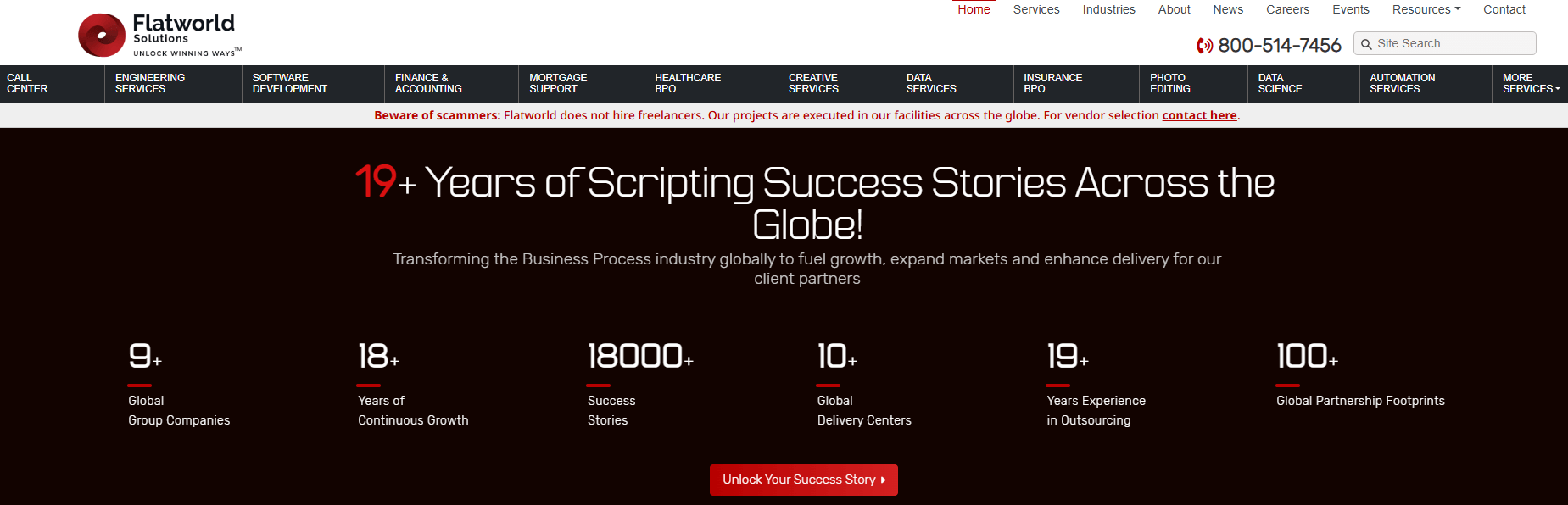 Flatworld Solutions homepage, an insurance lead generation platform