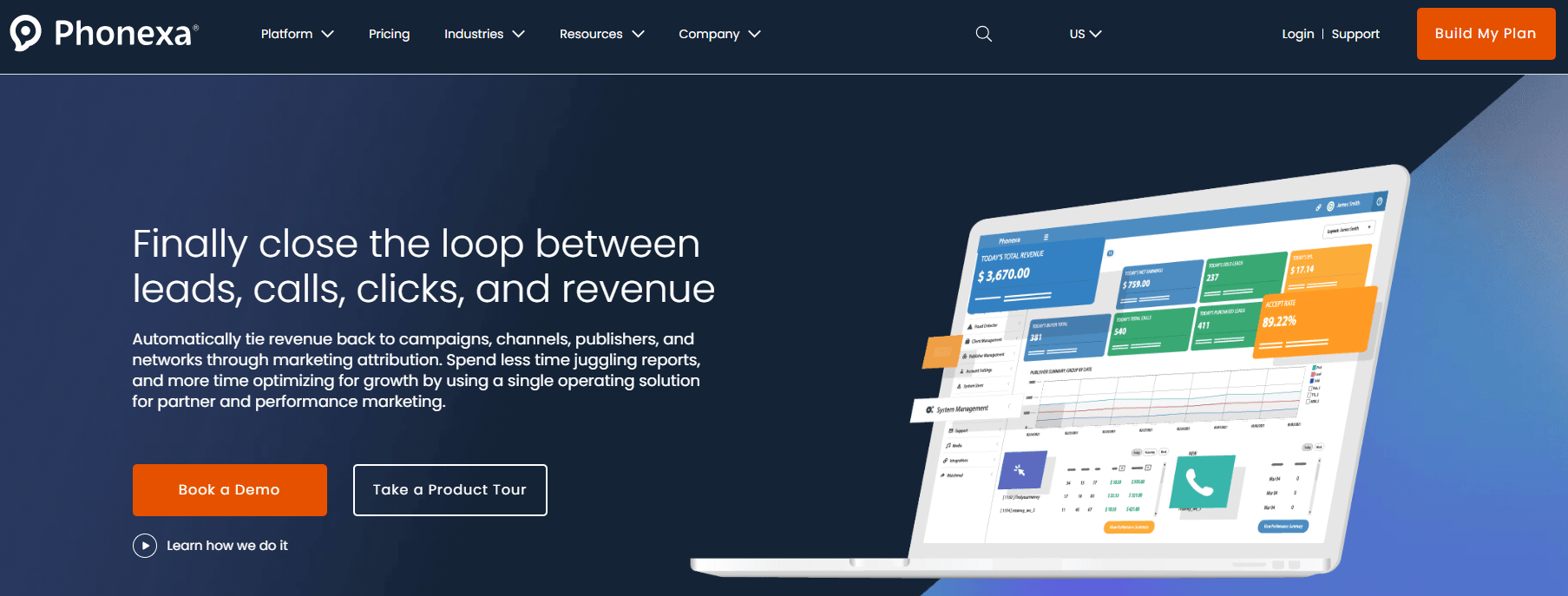 Phonexa homepage, a performance and affiliate marketing software suite that enables data-driven insurance lead generation
