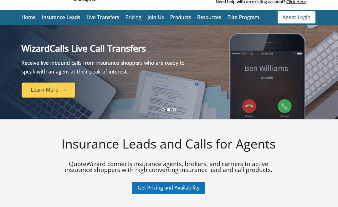 QuoteWizard homepage, an insurance lead generation platform