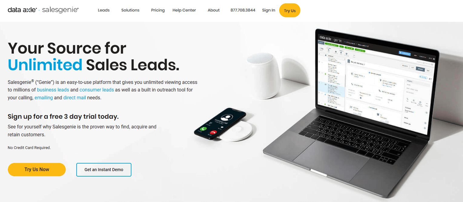 Salesgenie homepage, an insurance lead generation platform