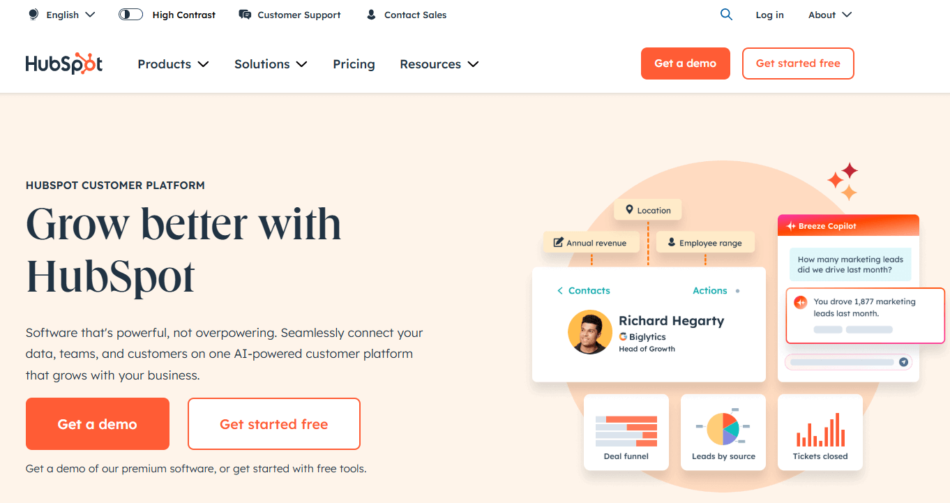 Hubspot homepage, a CRM platform that you can integrate with Phonexa