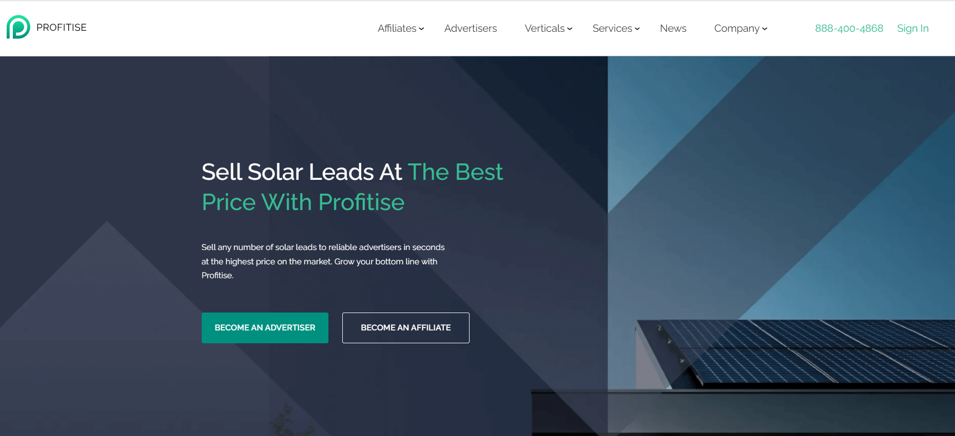 Profitise homepage, a solar and insurance lead generation website and affiliate network