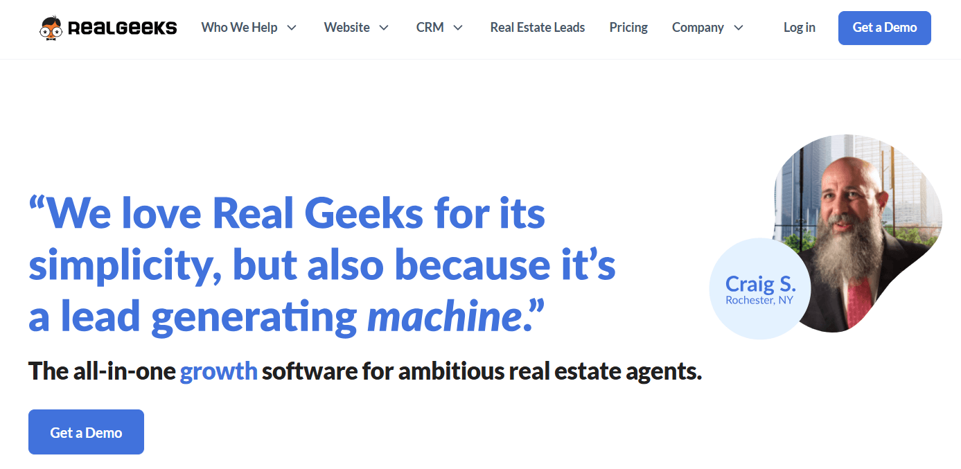 Real Geeks homepage, a global real estate lead generator