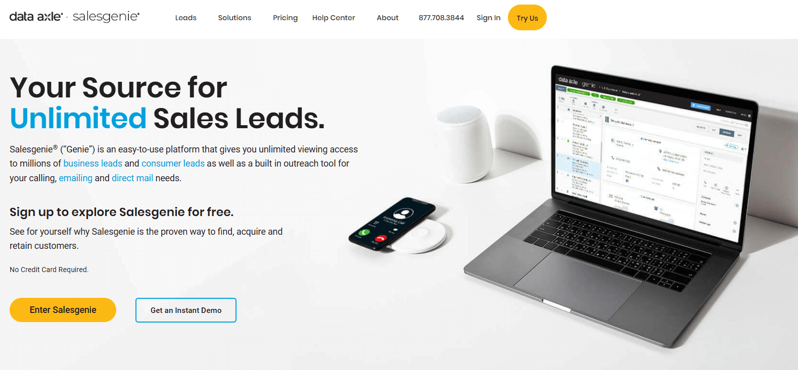 Salesgenie homepage, one of the biggest insurance and business lead generators and matching platforms