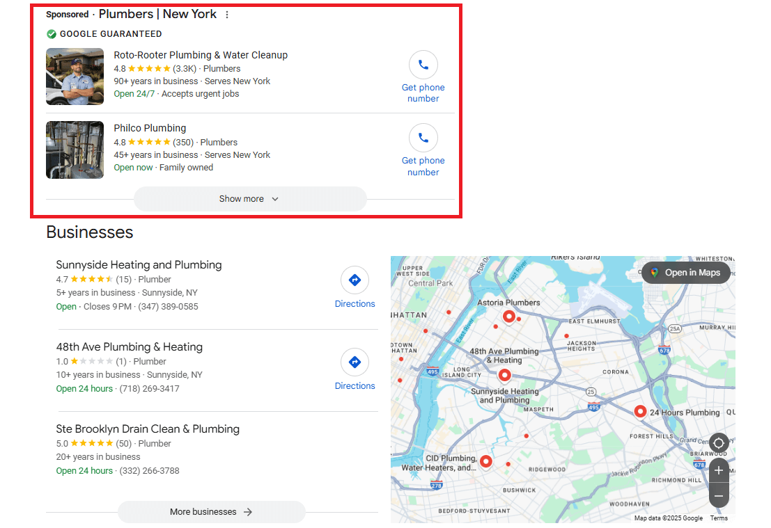 Example of local search ads displaying on Google