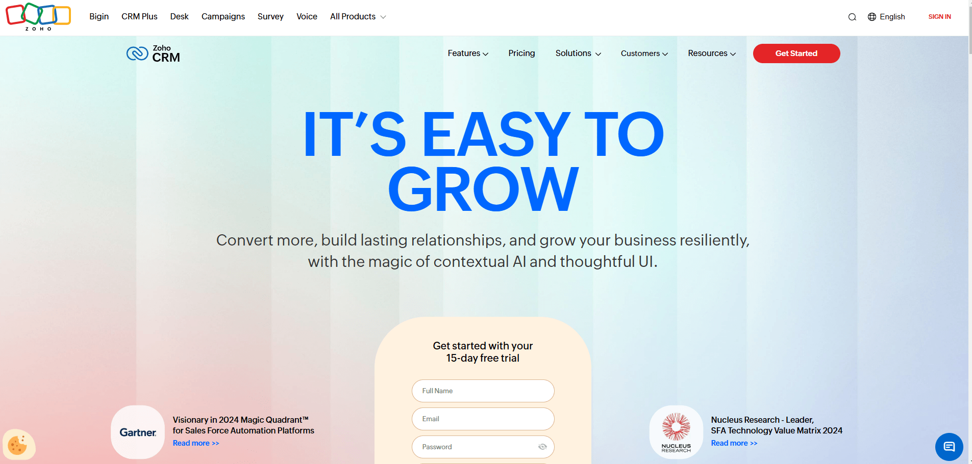 Zoho CRM homepage, a CRM platform that you can integrate with Phonexa