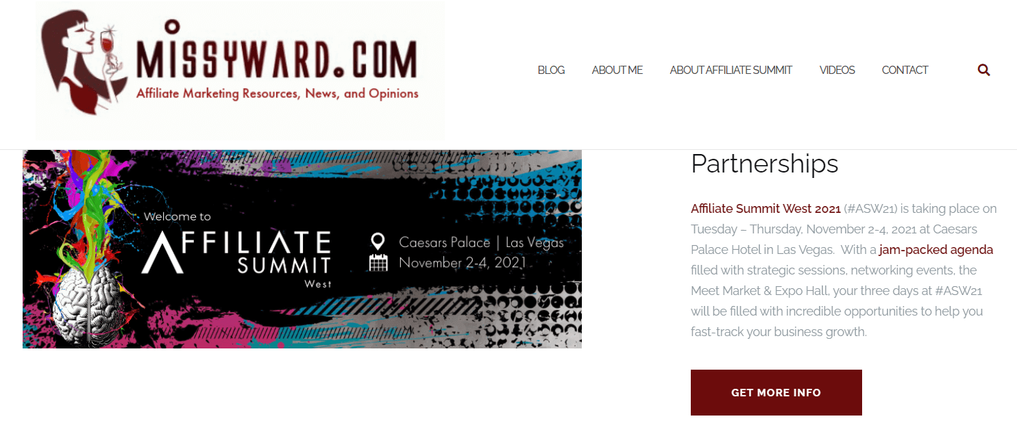 The screenshot of Missy Ward's affiliate marketing blog