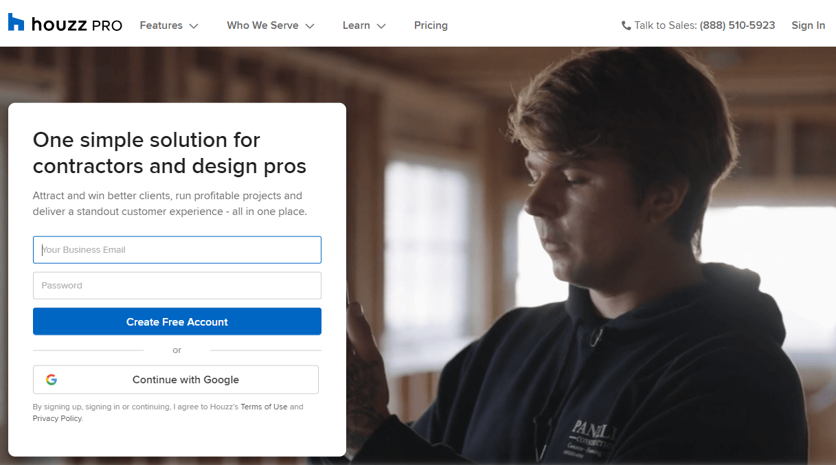 The Houzz Pro homepage