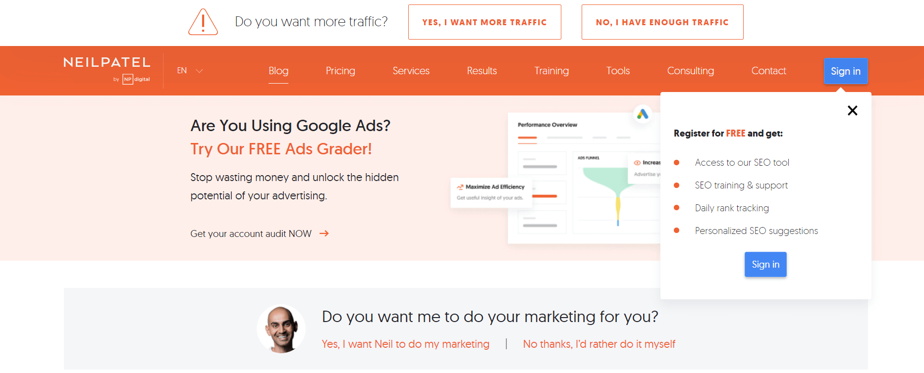 The screenshot of Neil Patel's website showcasing the abundance of ads