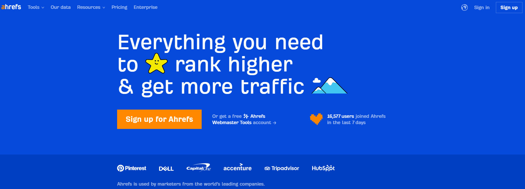 Ahrefs homepage, an SEO tool used in traditional and affiliate marketing