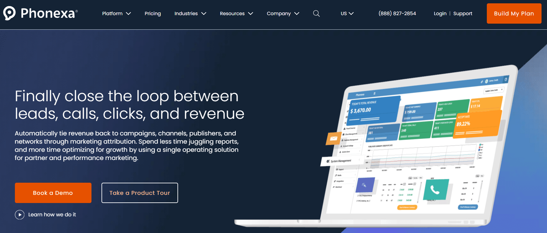 Phonexa homepage, illustrating its software for closing loops between leads, calls, clicks, and revenue within traditional and affiliate marketing campaigns