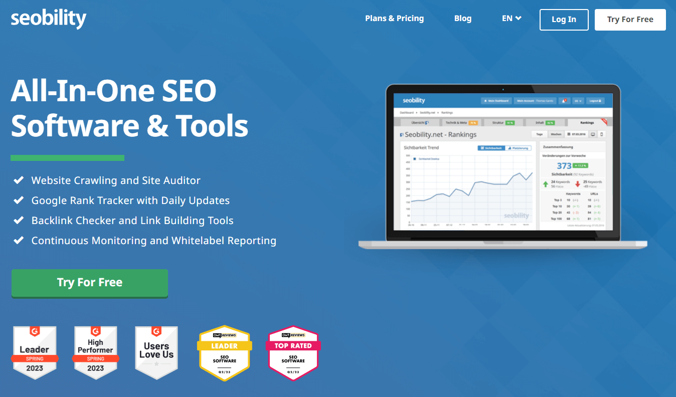 Seobility homepage, an SEO tool used in traditional and affiliate marketing