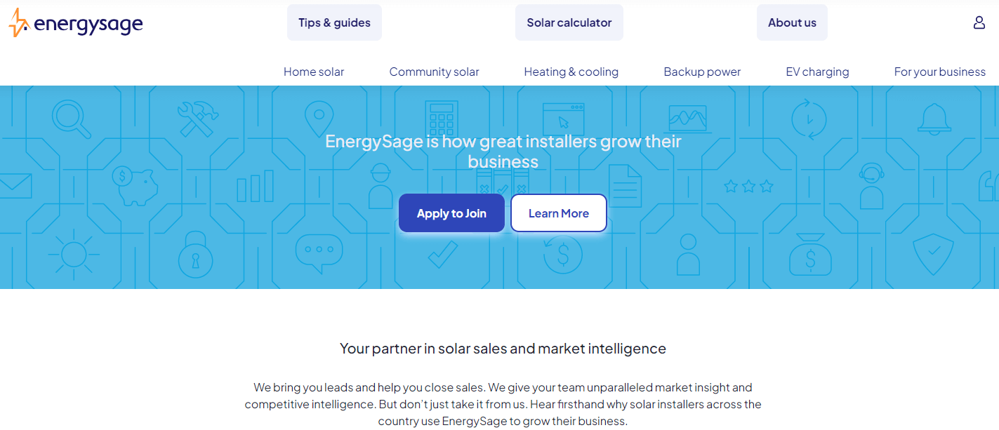 EnergySage homepage, a lead marketplace where you can get shared solar leads