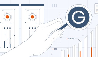 Illustration of a magnifying glass revealing the Google logo, set against a backdrop of dashboards and rising bar charts