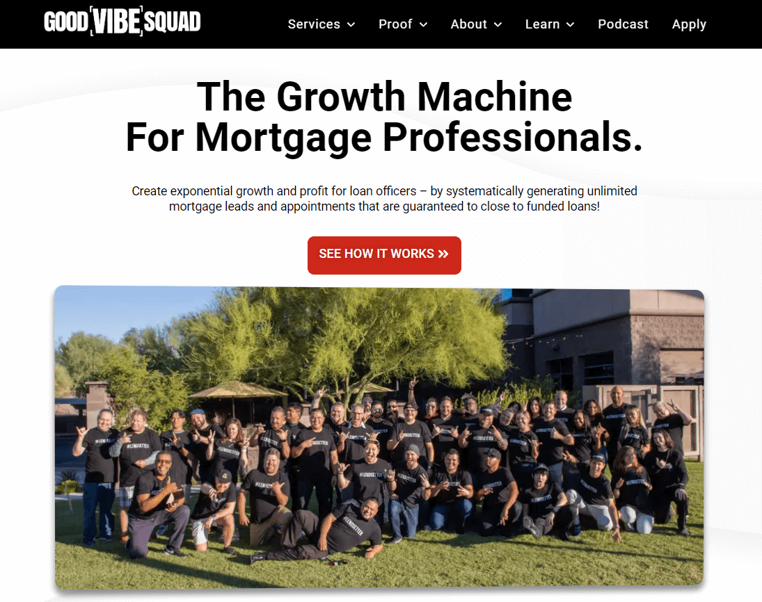 Good Vibe Squad homepage, a lead generation company offering exclusive mortgage leads
