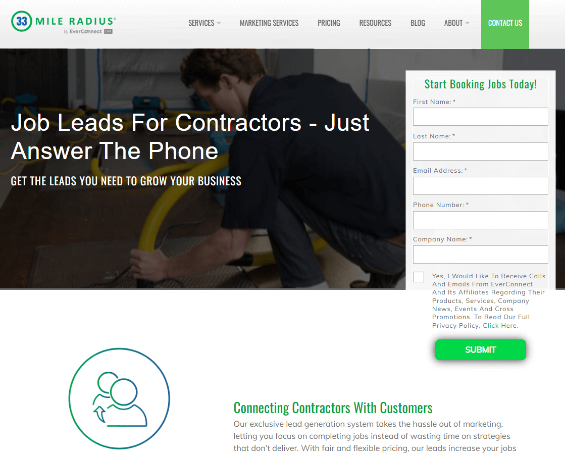33 Mile Radius homepage featuring lead generation and marketing solutions for HVAC and home improvement businesses