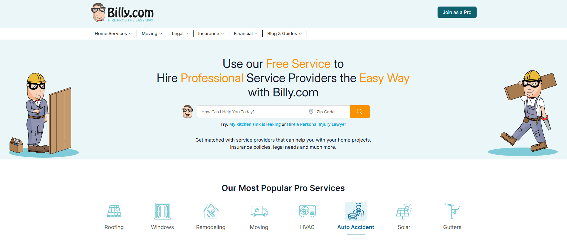 Billy.com homepage, an website where you can buy exclusive and share HVAC and home improvement leads