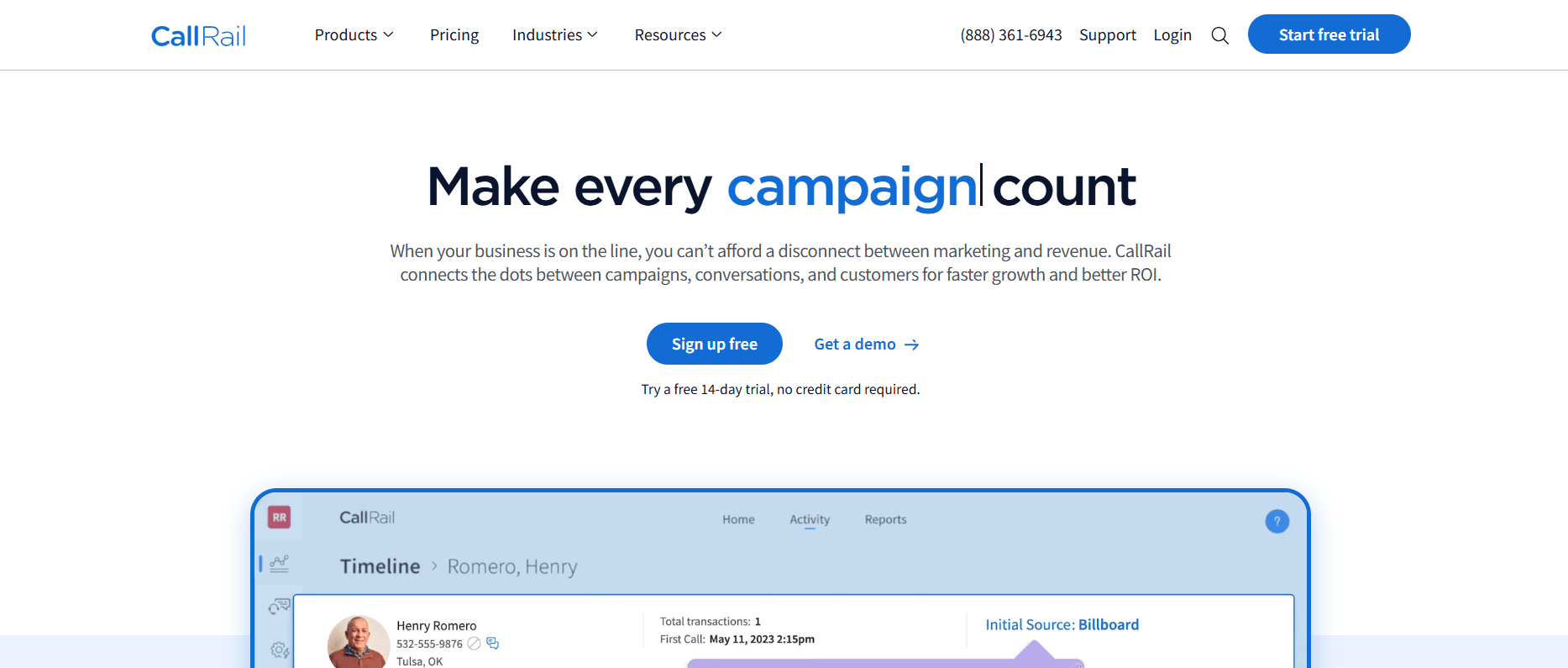 CallRail homepage featuring call tracking and marketing solutions for HVAC and home improvement businesses