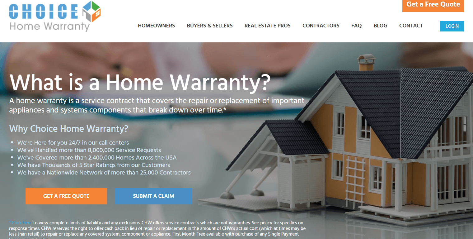 Choice Home Warranty homepage featuring home protection and service solutions for HVAC and home improvement businesses