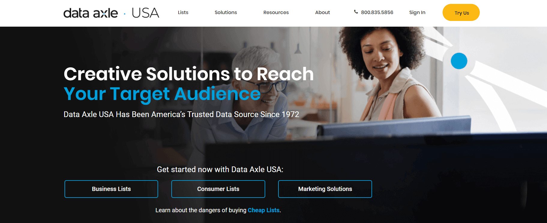 Data Axle homepage featuring business data and marketing solutions for HVAC and home improvement companies