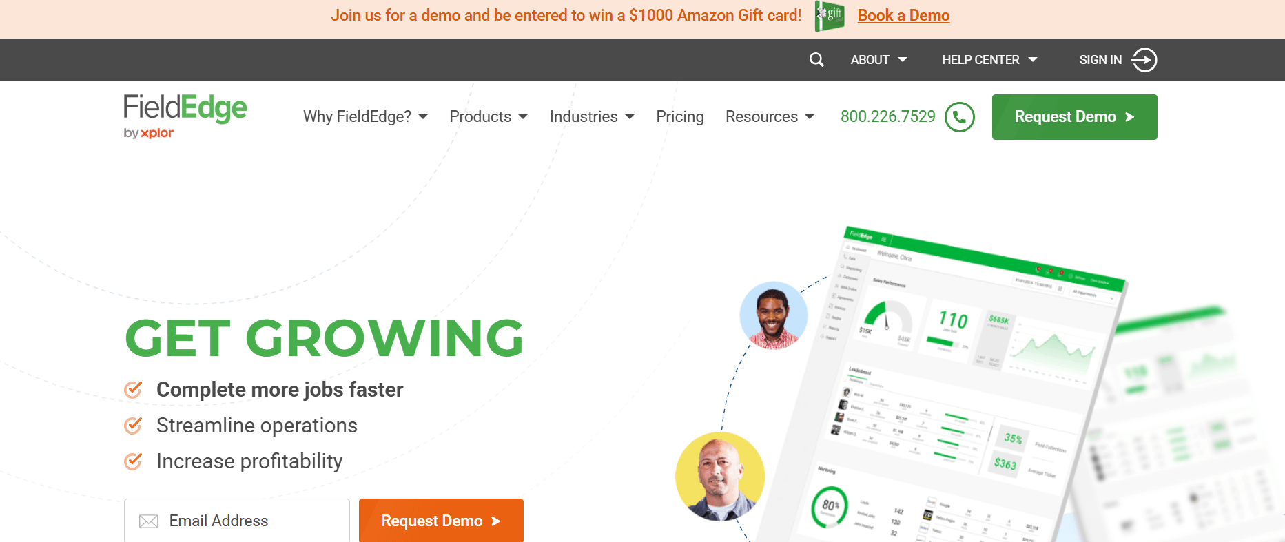 FieldEdge homepage featuring business management and service solutions for HVAC and home improvement companies