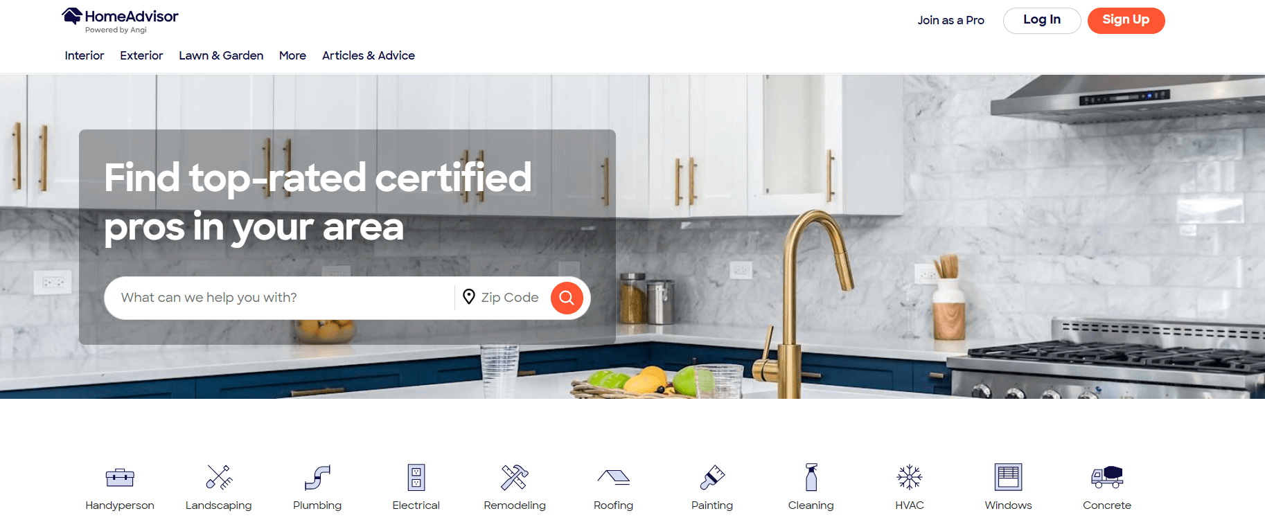 HomeAdvisor homepage featuring lead generation and marketing solutions for HVAC and home improvement businesses