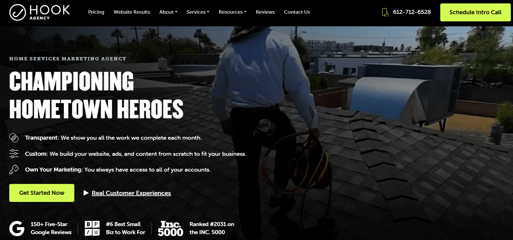 Hook Agency homepage featuring marketing and lead generation solutions for HVAC and home improvement businesses