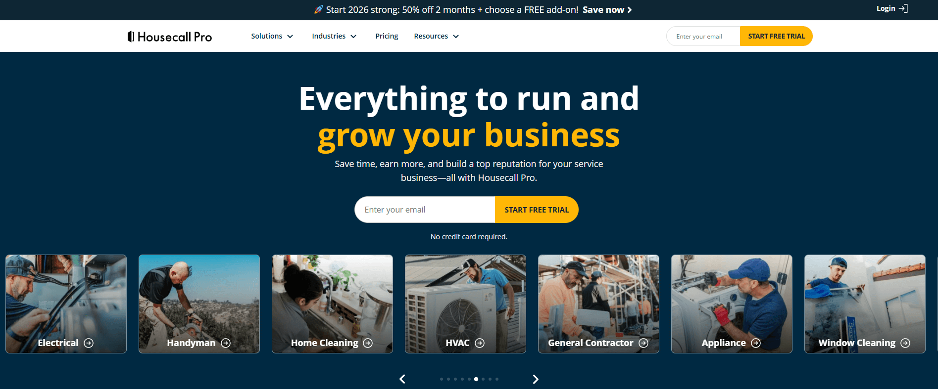 Housecall Pro homepage featuring business management and scheduling solutions for HVAC and home improvement companies