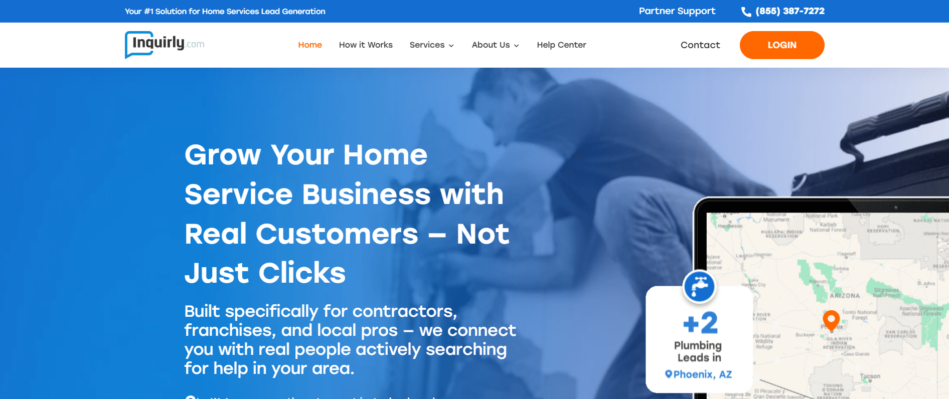 Inquirly homepage featuring lead generation and marketing solutions for HVAC and home improvement businesses