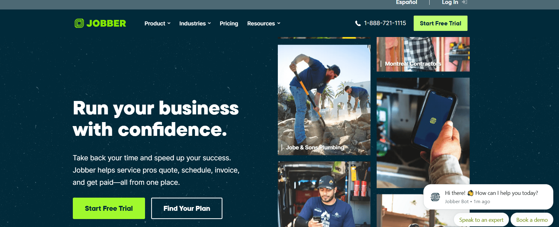 Jobber homepage featuring business management and scheduling solutions for HVAC and home improvement companies