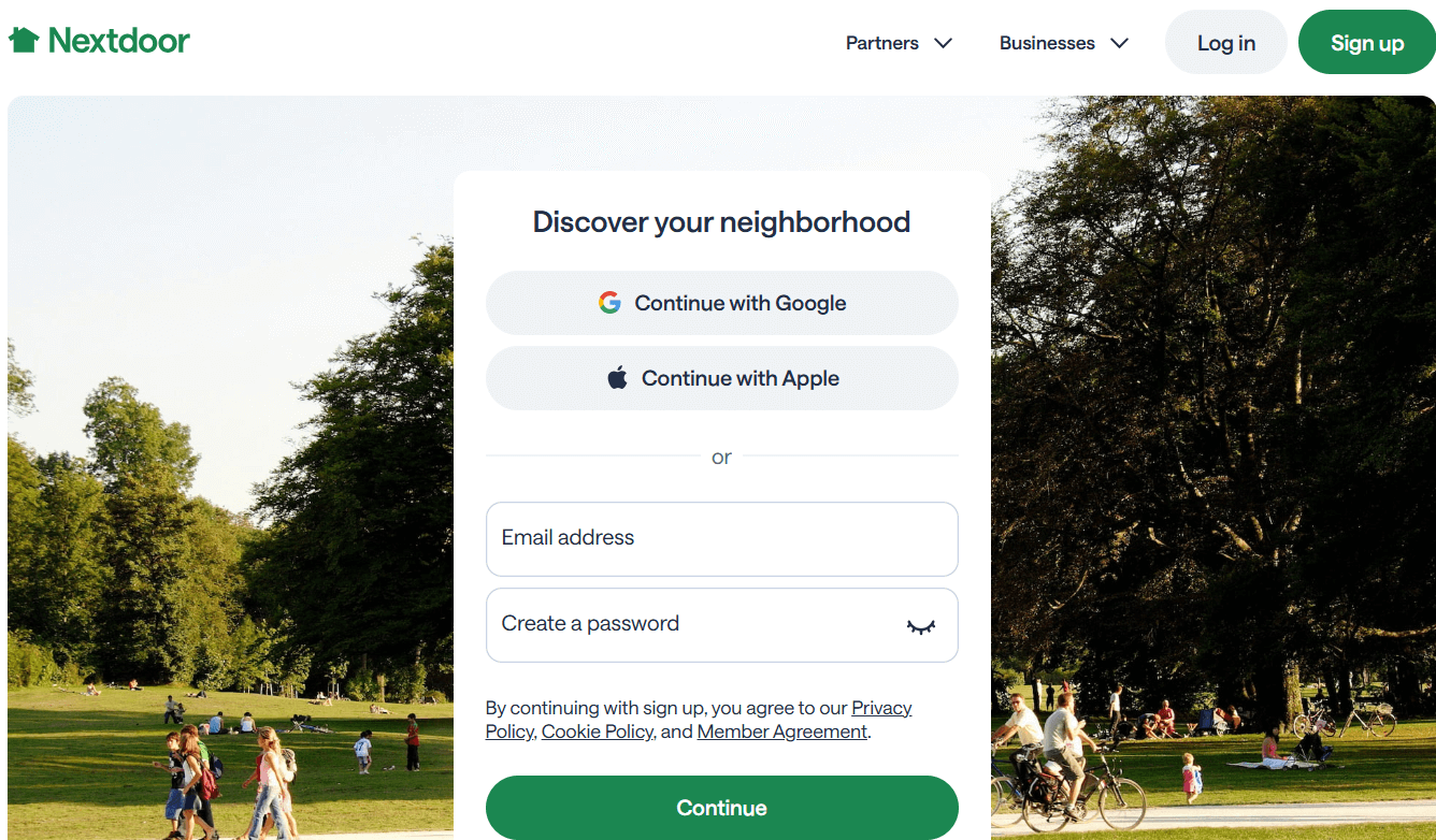 Nextdoor homepage featuring marketing and lead generation solutions for HVAC and home improvement businesses