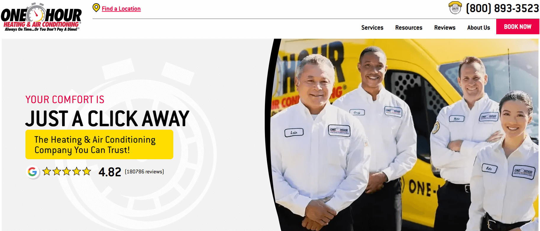 One Hour Heating & Air Conditioning homepage featuring HVAC repair, maintenance, and installation services