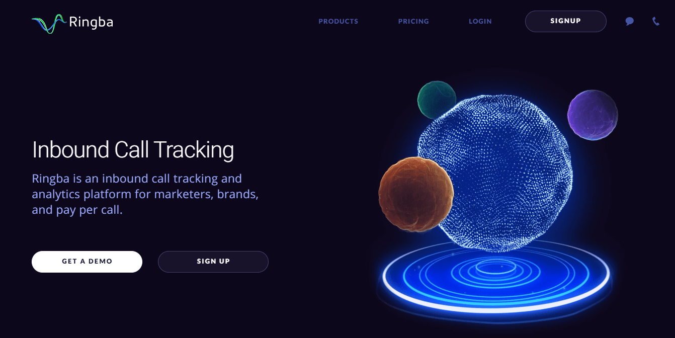 Ringba homepage featuring call tracking and lead generation solutions for HVAC and home improvement businesses