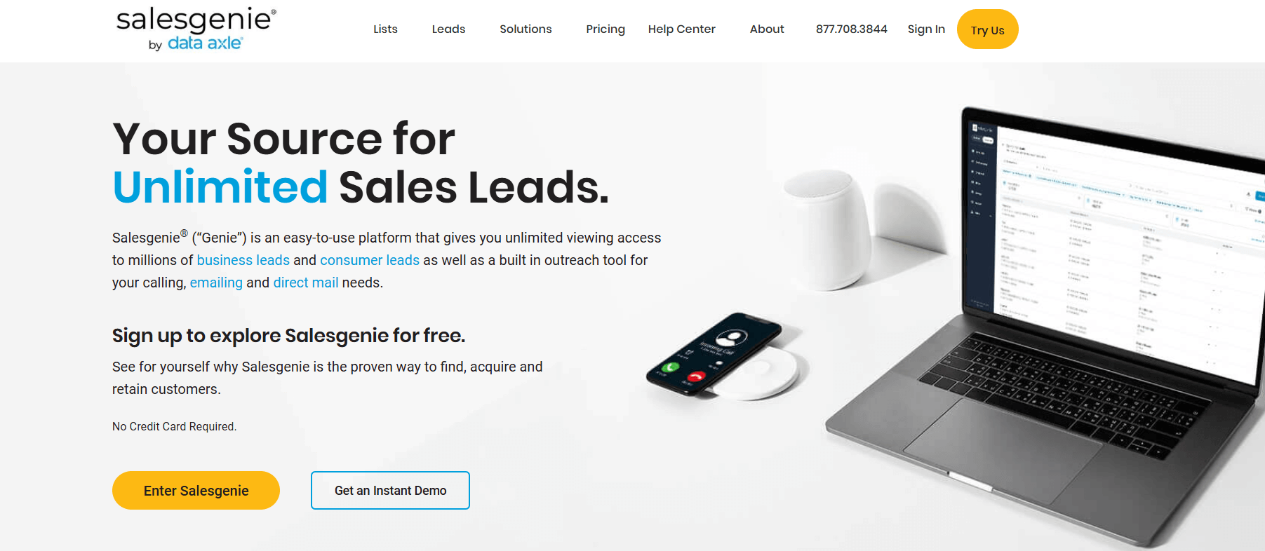 Salesgenie homepage featuring lead generation and marketing solutions for HVAC and home improvement businesses