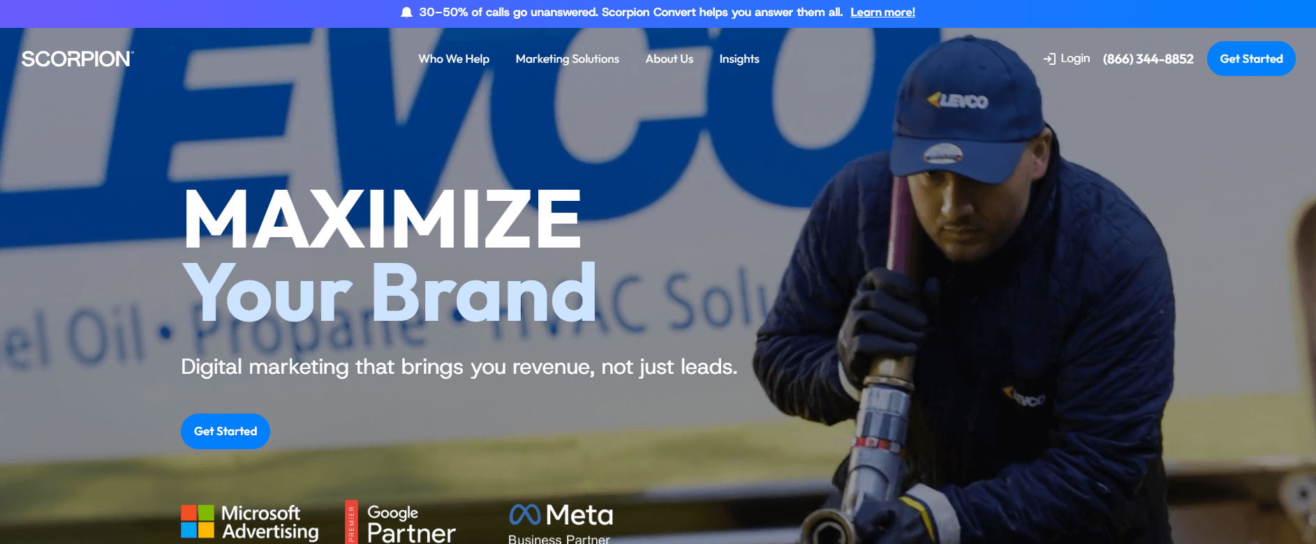 Scorpion homepage featuring marketing and lead generation solutions for HVAC and home improvement businesses