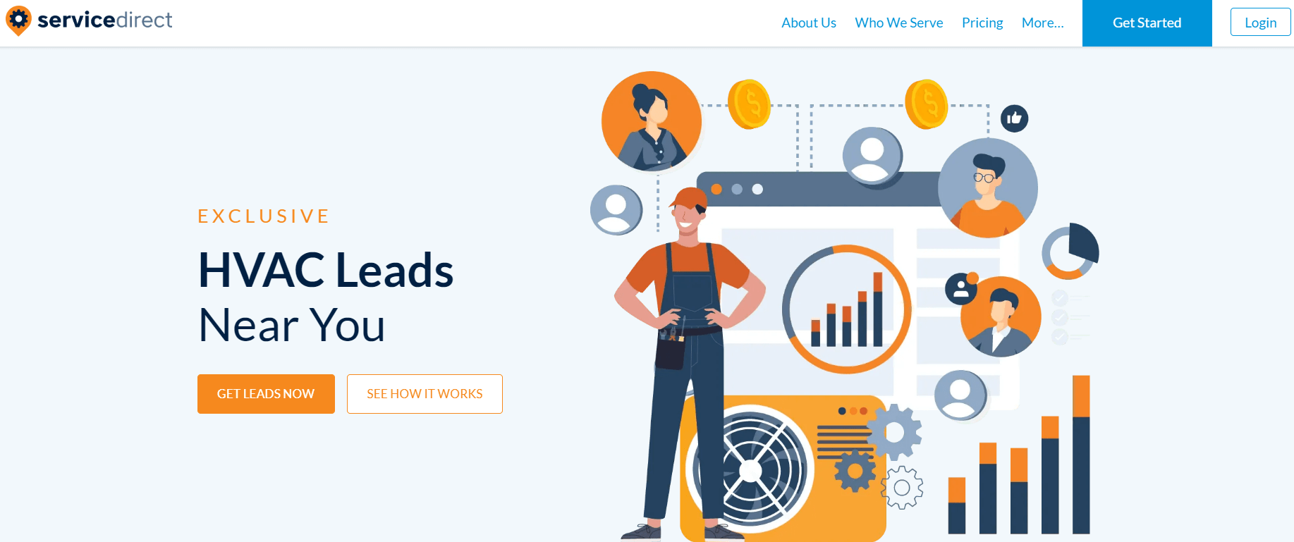 ServiceDirect homepage featuring lead generation and marketing solutions for HVAC and home improvement businesses