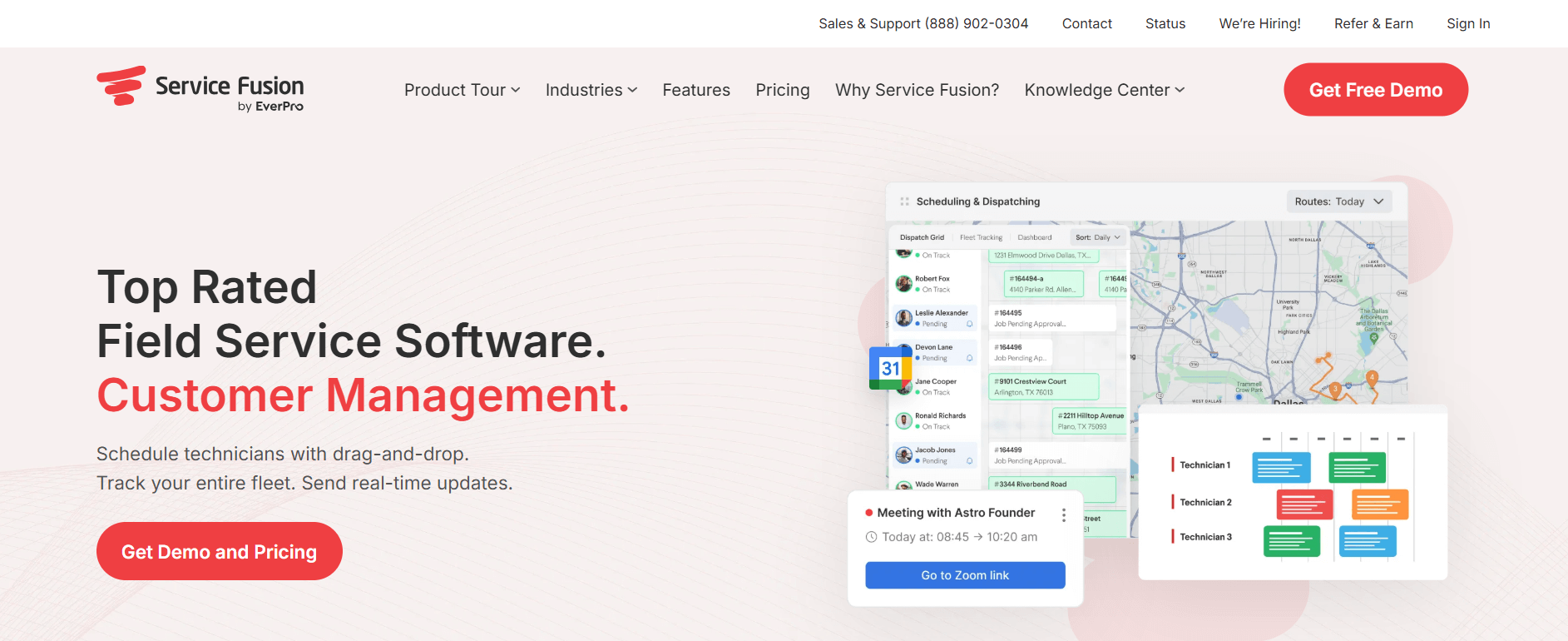 Service Fusion homepage featuring business management and scheduling solutions for HVAC and home improvement companies