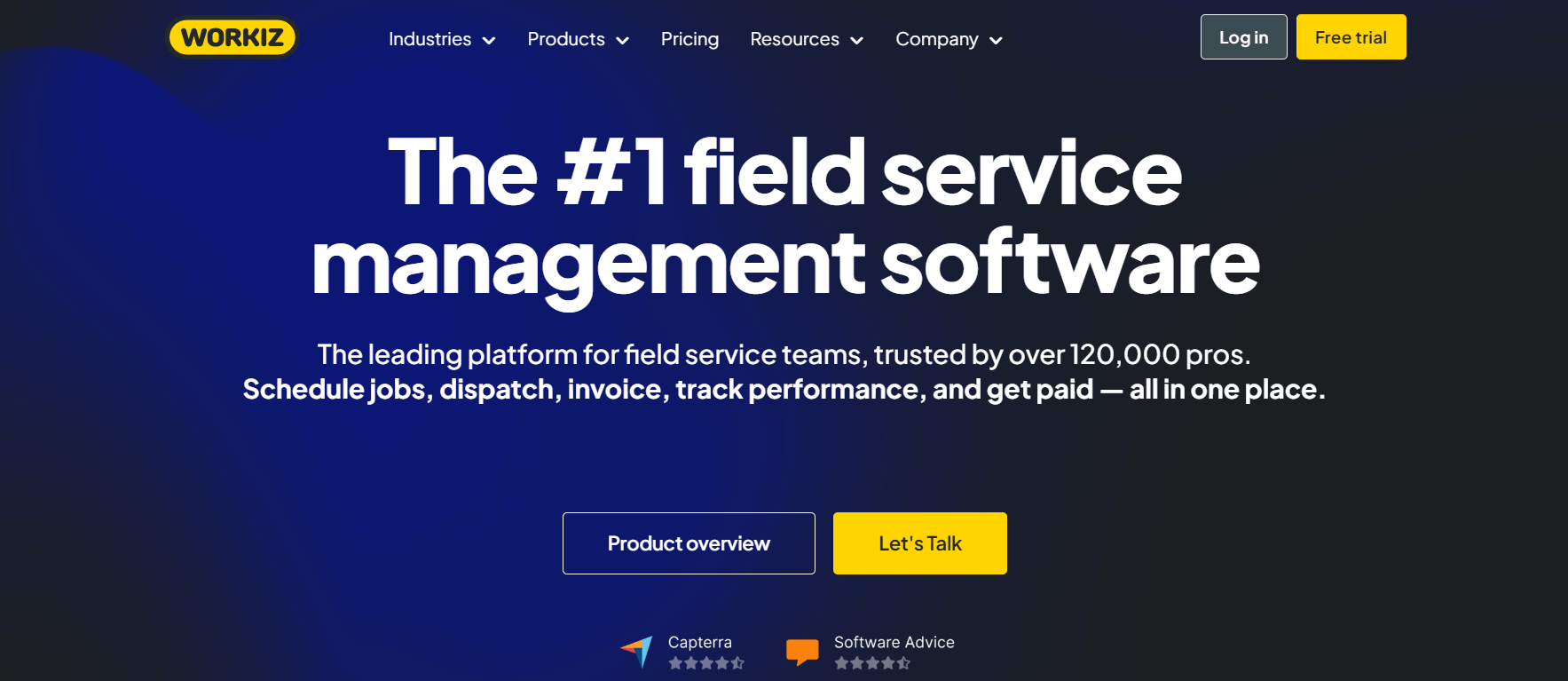 Workiz homepage featuring business management and scheduling solutions for HVAC and home improvement companies