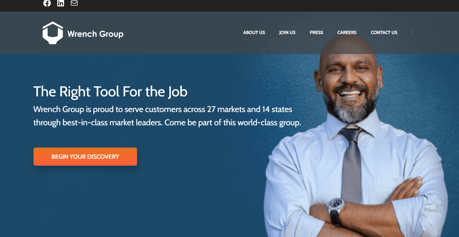 Wrench Group homepage featuring marketing and lead generation solutions for HVAC and home improvement businesses